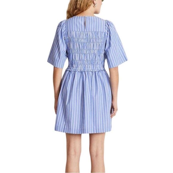 Apiece Apart Adorna Smocked Striped Cotton Mini Dress Blue White Size Medium - Picture 2 of 9